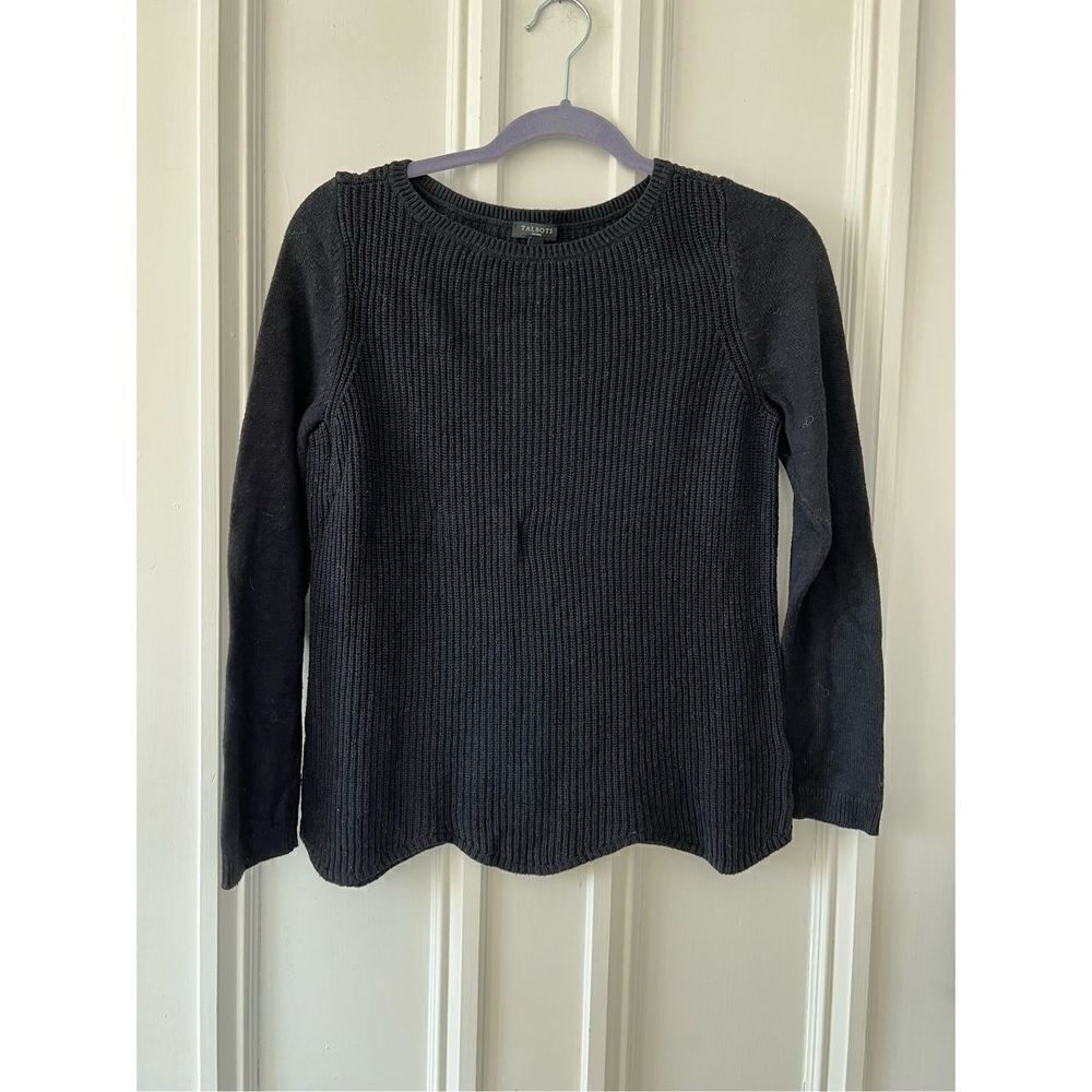 Talbots black ribbed boat neck scalloped seam cotton blend sweater MP